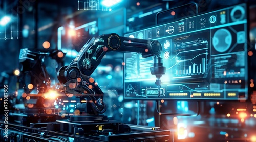 A robotic arm in the center of an industrial complex, surrounded by glowing screens and digital data streams, embodies advanced technologies in industrial production