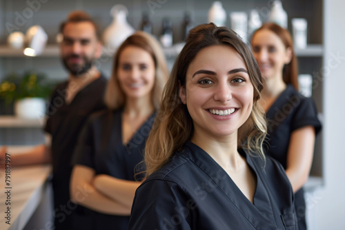 Photography of aesthetic turkish team therapists in beauty center. photo