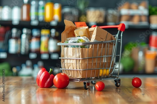 A small shopping cart with food items on a sleek kitchen counter, emphasizing modern urban shopping habits photo