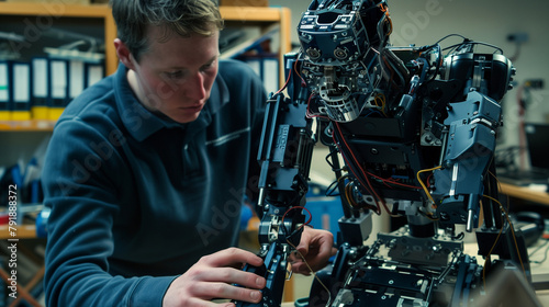 Amidst a symphony of electronic beeps and whirs, an engineer carefully installs advanced actuators into the limbs of a bipedal robot prototype, their movements calculated and delib photo