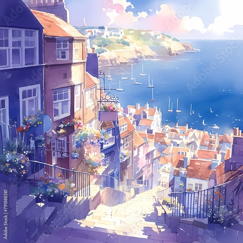 Lush Watercolor Rendition of a Seafaring Haven - Relaxing Seaside Scenery