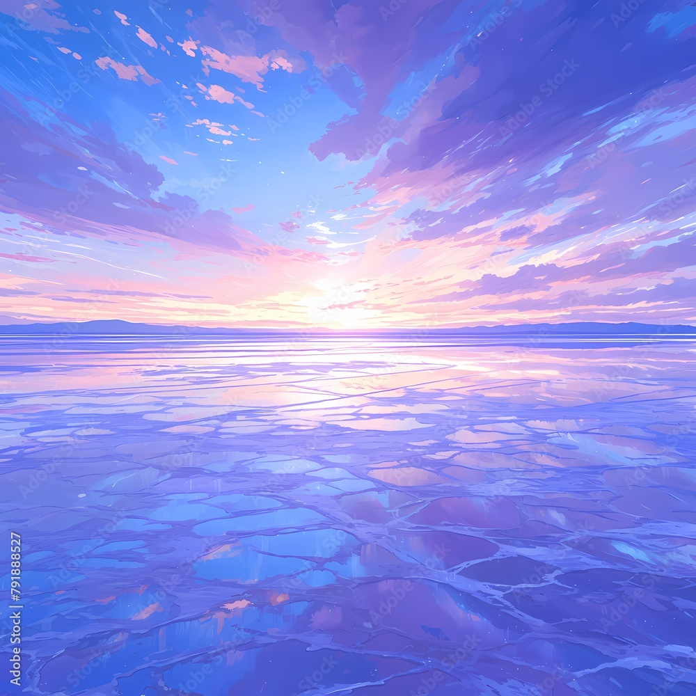 Spectacular Dusk Sky Reflecting off Frozen Lakescape