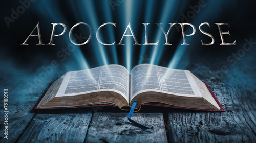 The book of Apocalypse. Open bible with blue glowing rays of light. On a wood surface and dark background. Related to this book: Apocalyptic, Prophecy, Vision, Revelation, End Times, Judgment, Symbol photo