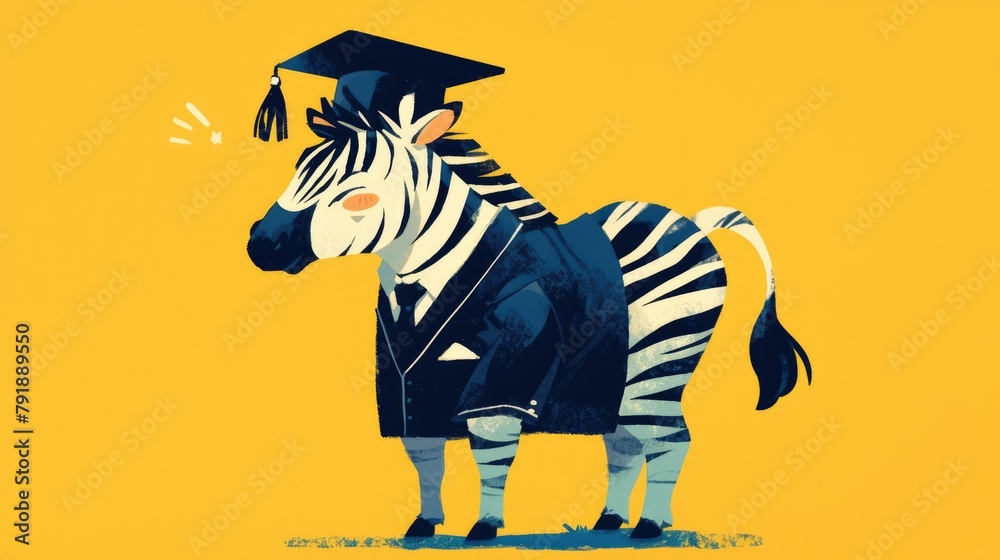 Fototapeta premium 2d illustration featuring a character design of a zebra wearing a graduate hat on an animal face sticker