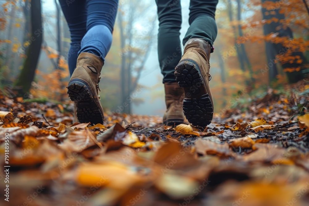 Two people hiking side-by-side showcasing their boots on a leaf-covered forest floor, shrouded in autumnal mist Two people hiking side-by-side showcasing their boots on a leaf-covered forest floor, shrouded in autumnal mist