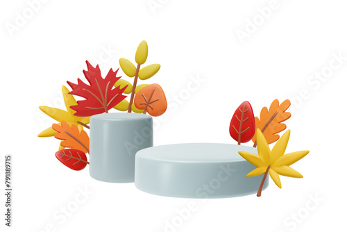White podium stands with autumn leaves 3D style vector composition, volumetric pedestals scene, presentation platform