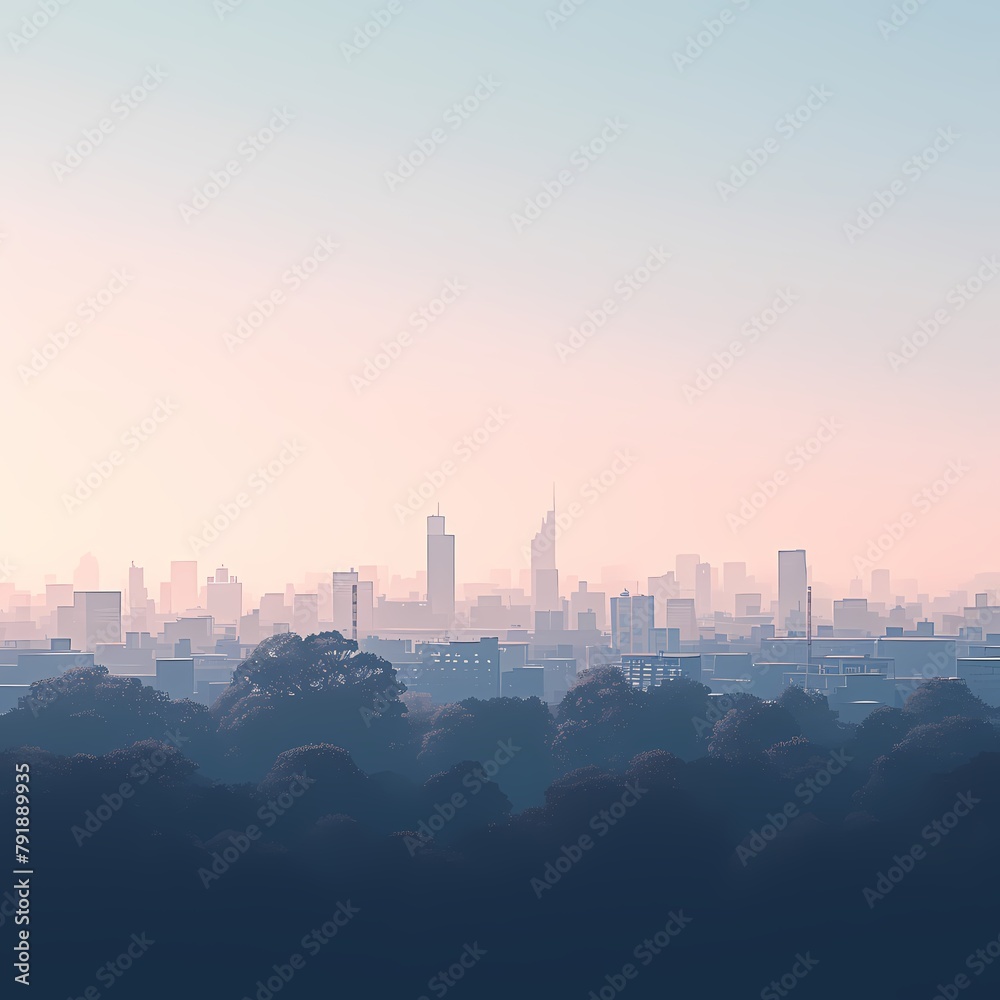Awe-inspiring aerial shot of a city skyline at sunrise, featuring minimalistic architecture and lush green trees.