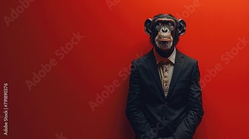 A businessman with a monkey's head in a business suit and tie, wearing glasses on a blurred background. Wolf character © masyastadnikova