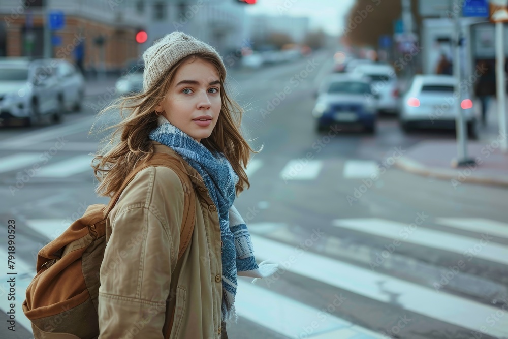 A young woman with a woolen hat and backpack looks back while crossing the street, showcasing casual urban style A young woman with a woolen hat and backpack looks back while crossing the street, showcasing casual urban style