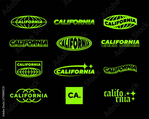 Set streetwear California logo ideas for a clothing brand. Design vector typography for t-shirt streetwear clothing.