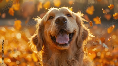Golden Retriever Enjoying Autumn Bliss Among Falling Leaves