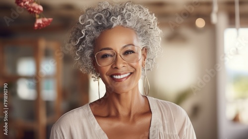 Radiant Senior Woman with Curly Gray Hair and Glasses Smiling photo