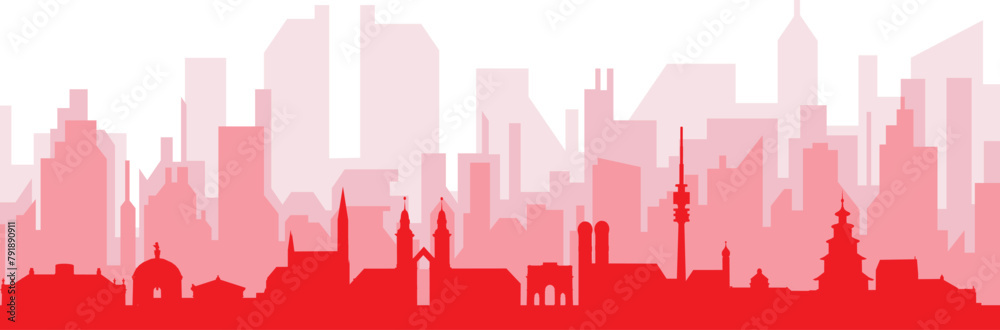 Red panoramic city skyline poster with reddish misty transparent background buildings of MUNICH, GERMANY