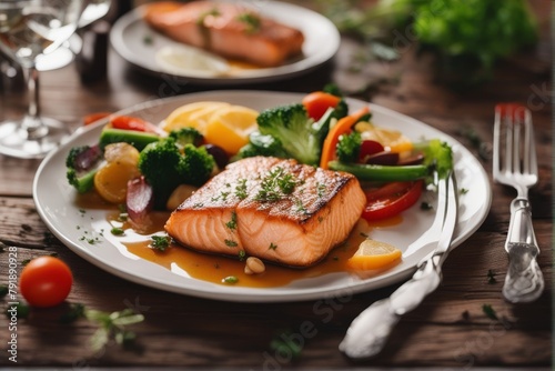 'fried salmon steak vegetables wooden table fish fillet food dinner salad leaf meal tomatoes cherry arugula lettuce spinach filet eating fresh vegetable seafood green grill grilled bar-b-q roasted'