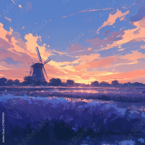 Lavish Sunset Over Vast Lavender Fields, Quaint Dutch Windmill as Centerpiece photo