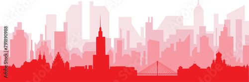 Red panoramic city skyline poster with reddish misty transparent background buildings of WARSAW, POLAND