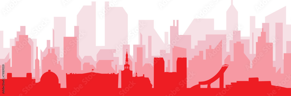 Red panoramic city skyline poster with reddish misty transparent background buildings of OSLO, NORWAY