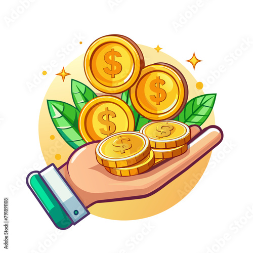 Hand holding money coins cartoon style business closeup on white