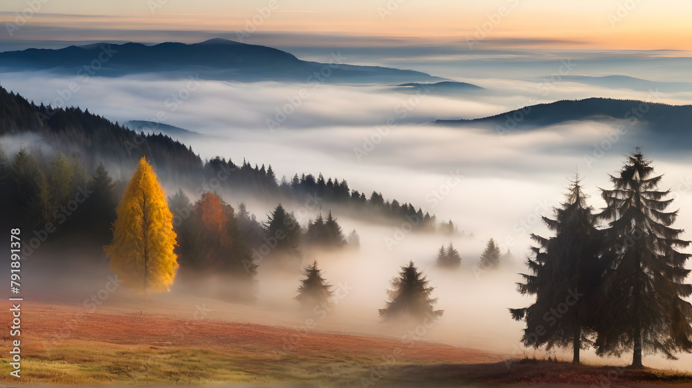 Mystical Autumn Fog in Black Forest, Germany - Enchanting Landscape with Rising Fog, Autumnal Trees, and Firs