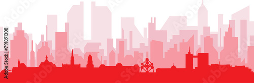 Red panoramic city skyline poster with reddish misty transparent background buildings of BRUSSELS, BELGIUM