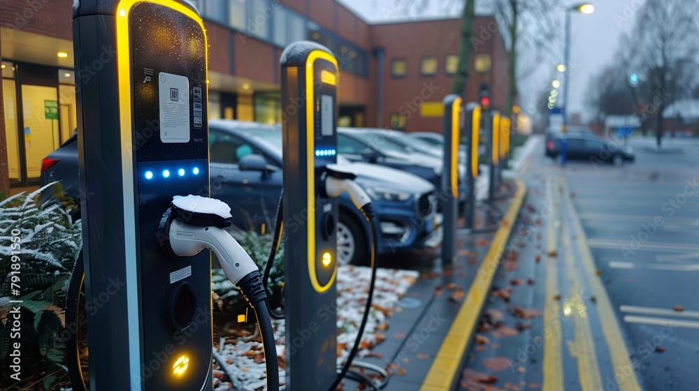 Electric car charging station in concept of green energy and eco power.