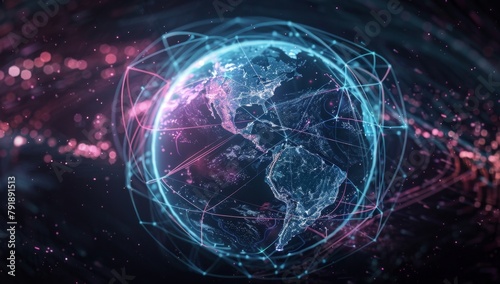 Glowing blue and purple lines orbit around the globe  representing global connectivity and technology s impact on world events in dark background Generative AI