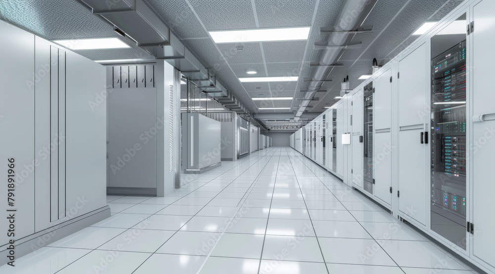 Fototapeta premium Clean and sterile data center corridor with rows of server racks, ai generated