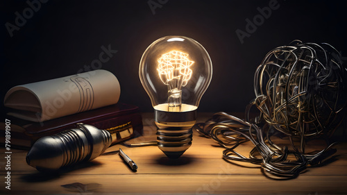 Cyber Security theme drawing with a light bulb - Flat lay