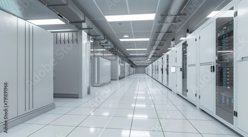 Clean and sterile data center corridor with rows of server racks, ai generated