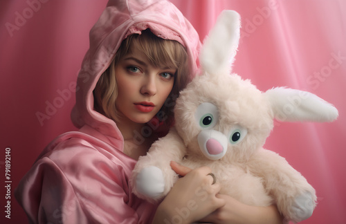 Woman in vintage pink bunny costume holding a plush rabbit against a pink backdrop