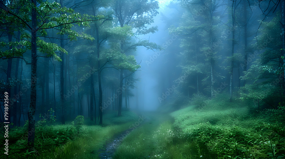A forest path in early morning fog, using HDR to enhance the mysterious and ethereal quality of the light filtering through the trees A forest path in early morning fog, using HDR to enhance the mysterious and ethereal quality of the light filtering through the trees
