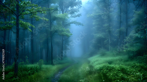 A forest path in early morning fog, using HDR to enhance the mysterious and ethereal quality of the light filtering through the trees