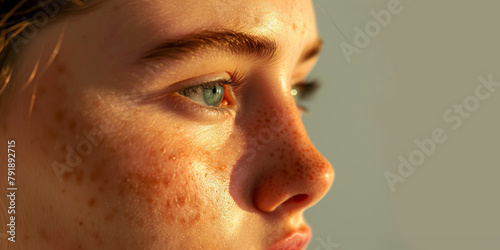 Une jeune fille aux yeux verts et au visage parsemé de taches de rousseur regarde au loin.