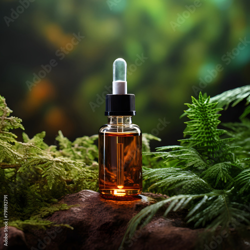 Cosmetic serum Vitamin C in brown glass bottle with pipette dropper on wooden podium. Tropical palm leaf. Beauty concept. Natural skin care cosmetics. Suitable for Product Display.