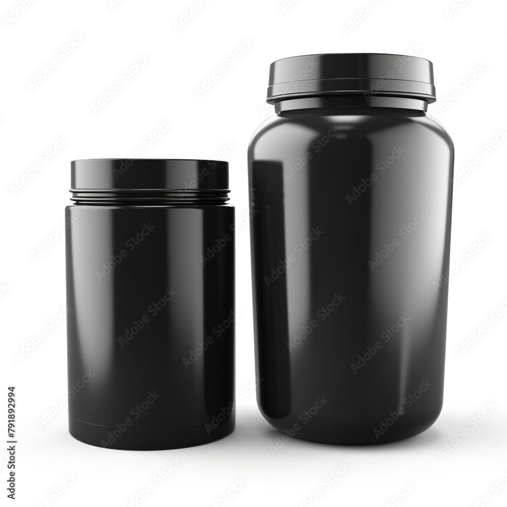 mockup of a tall black plastic protein container, front shot and overhead shot, white background сreated with Generative Ai