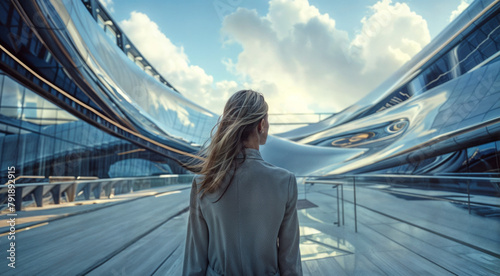 Une femme aux cheveux longs de dos se tient devant de grands bâtiments photo