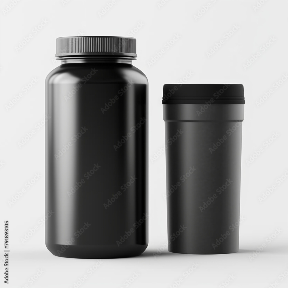 mockup of a tall black plastic protein container, front shot and overhead shot, white background сreated with Generative Ai mockup of a tall black plastic protein container, front shot and overhead shot, white background сreated with Generative Ai