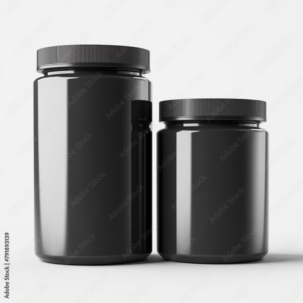 mockup of a tall black plastic protein container, front shot and overhead shot, white background сreated with Generative Ai mockup of a tall black plastic protein container, front shot and overhead shot, white background сreated with Generative Ai