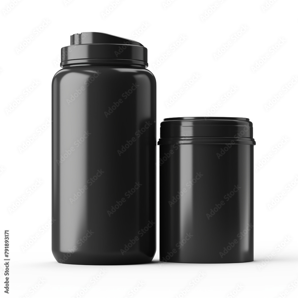 mockup of a tall black plastic protein container, front shot and overhead shot, white background сreated with Generative Ai