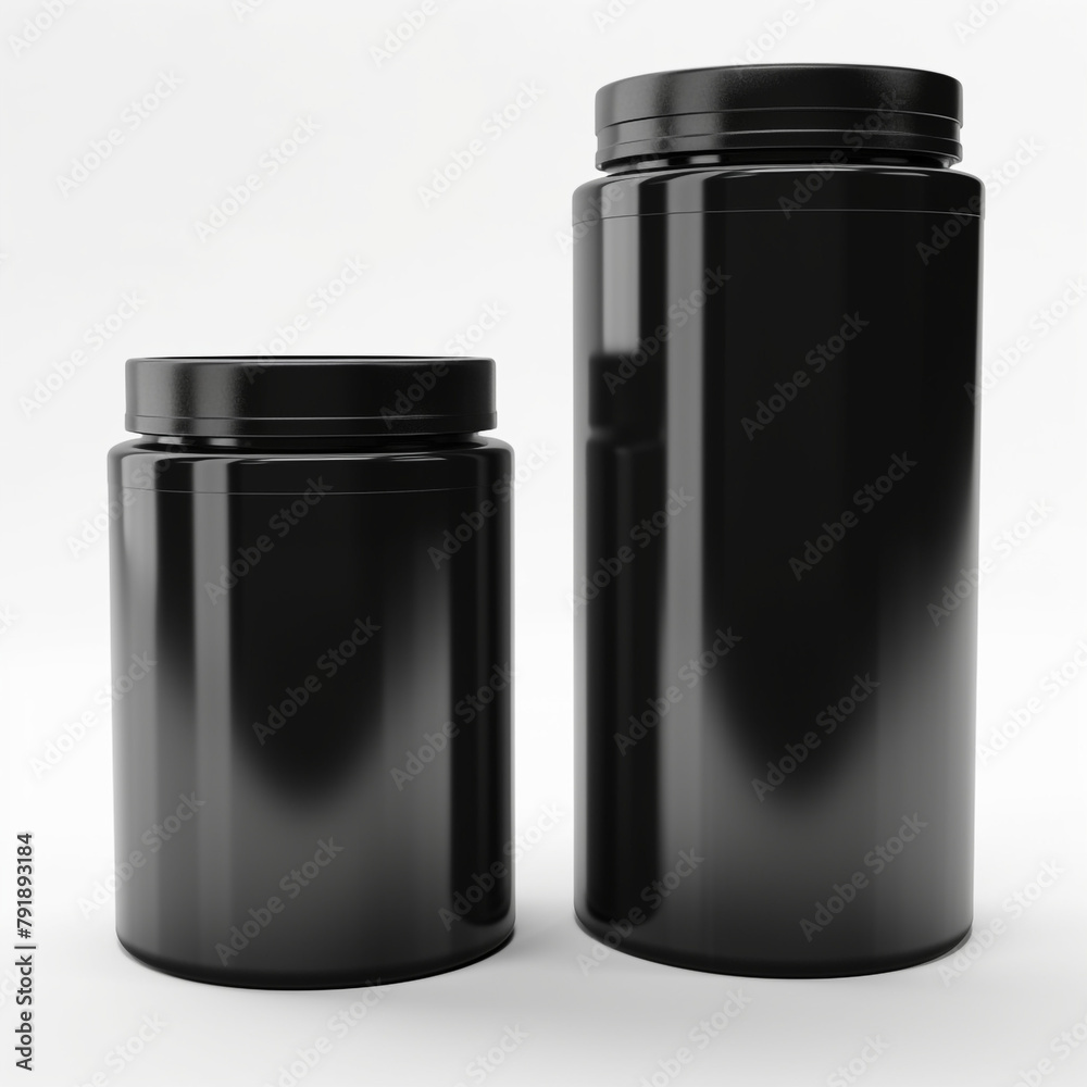 mockup of a tall black plastic protein container, front shot and overhead shot, white background сreated with Generative Ai mockup of a tall black plastic protein container, front shot and overhead shot, white background сreated with Generative Ai