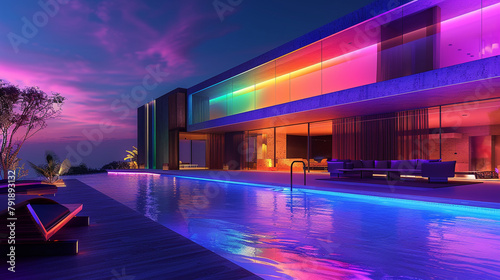  A striking scene capturing the beauty of a modern villa bathed in colorful LED lights, standing quietly in the night, devoid of any human presence, yet emanating an aura of elegance and luxur