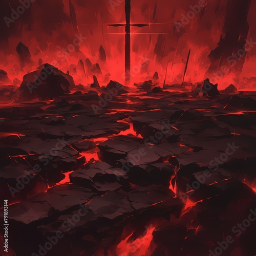Enduring Conflict in a Barren Landscape - A powerful image of an apocalyptic battlefield with shattered remnants and the silhouette of a cross. photo