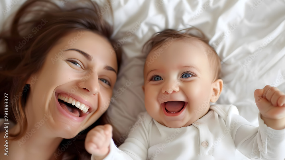 A mother and baby newborn laughing enjoy happy together on white bed A mother and baby newborn laughing enjoy happy together on white bed