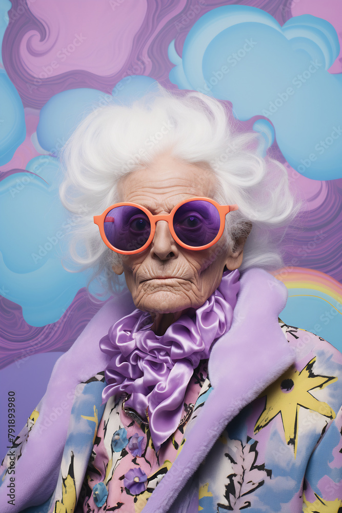 Elderly woman with bold yellow glasses and purple shirt
