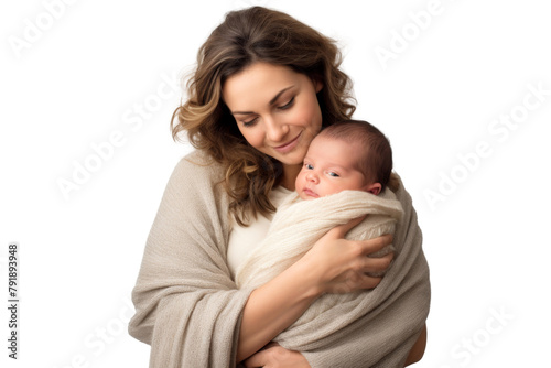 Portrait of mom holding baby with her arms isolated on transparent png background, love moment, newborn sleeping tenderly in arms, cute little infant.