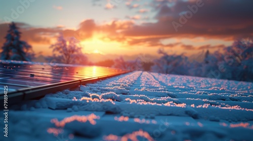 Winter Sunset over Snow-Covered Solar Panels photo