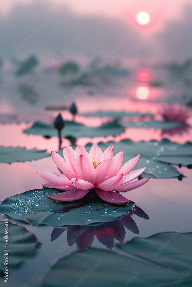 vertical image beautiful pink lotus flowers reflecting in the water, on early foggy morning background