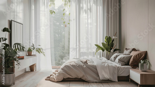 Jasna przytulna elegancka i minimalistyczna sypialnia w odcieniach szarości i beży z wygodnym łóżkiem i firanami i zasłonami na oknie tarasowym photo