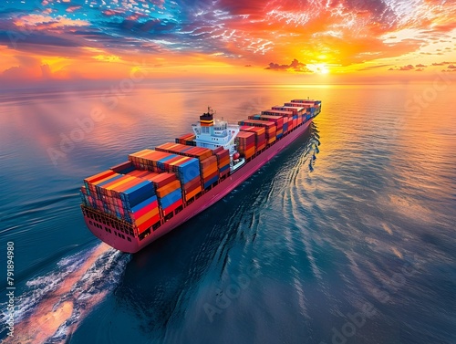 Cargo Container Ship Sailing at Sunset on Serene Ocean Landscape