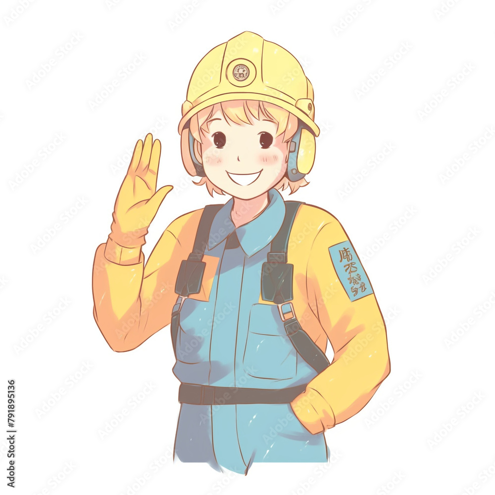 a guy wearing an overall and a security helmet, he's very happy and saying hi, character, illustration, kawaii сreated with Generative Ai a guy wearing an overall and a security helmet, he's very happy and saying hi, character, illustration, kawaii сreated with Generative Ai